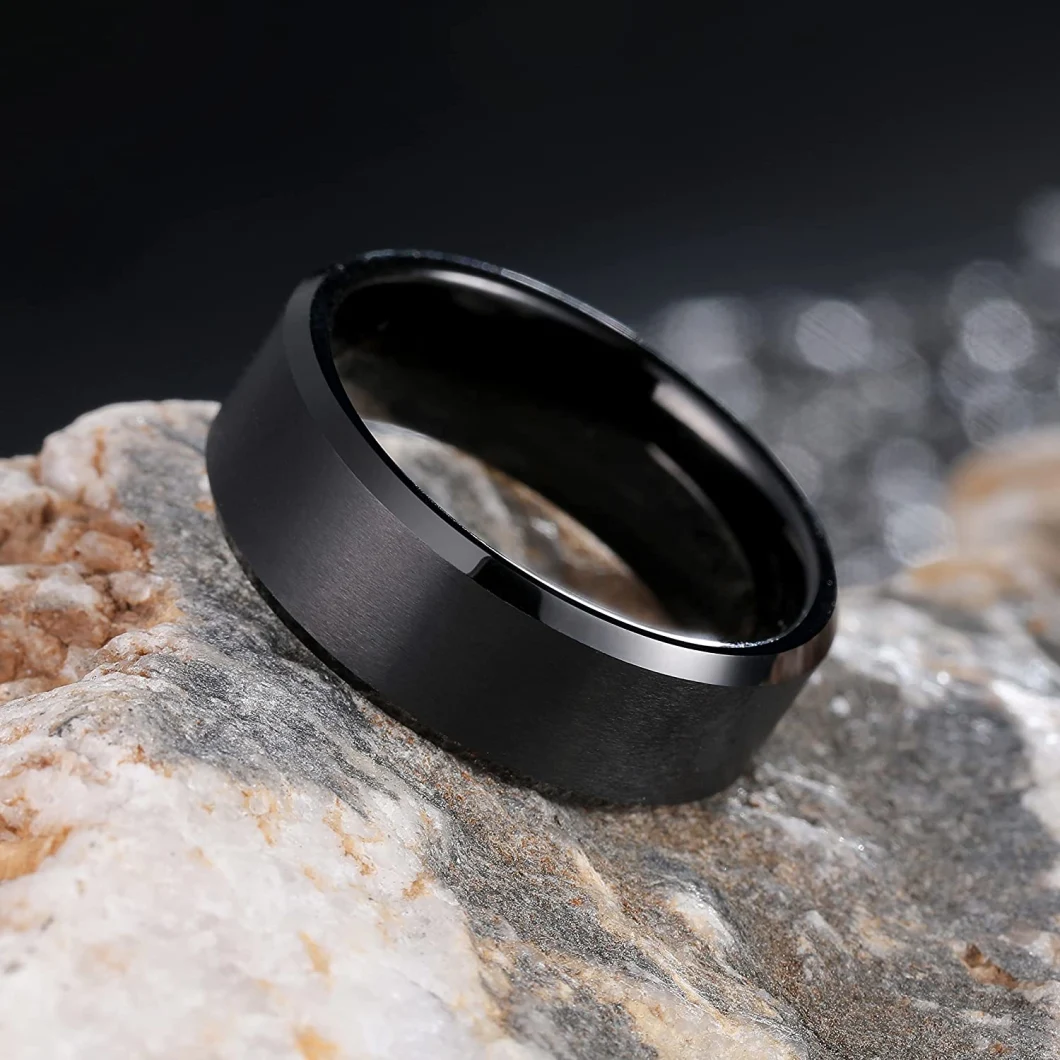 Basic Men Wedding Black Silver Tungsten Ring Matte Finish Beveled Polished Edge Comfort Fit