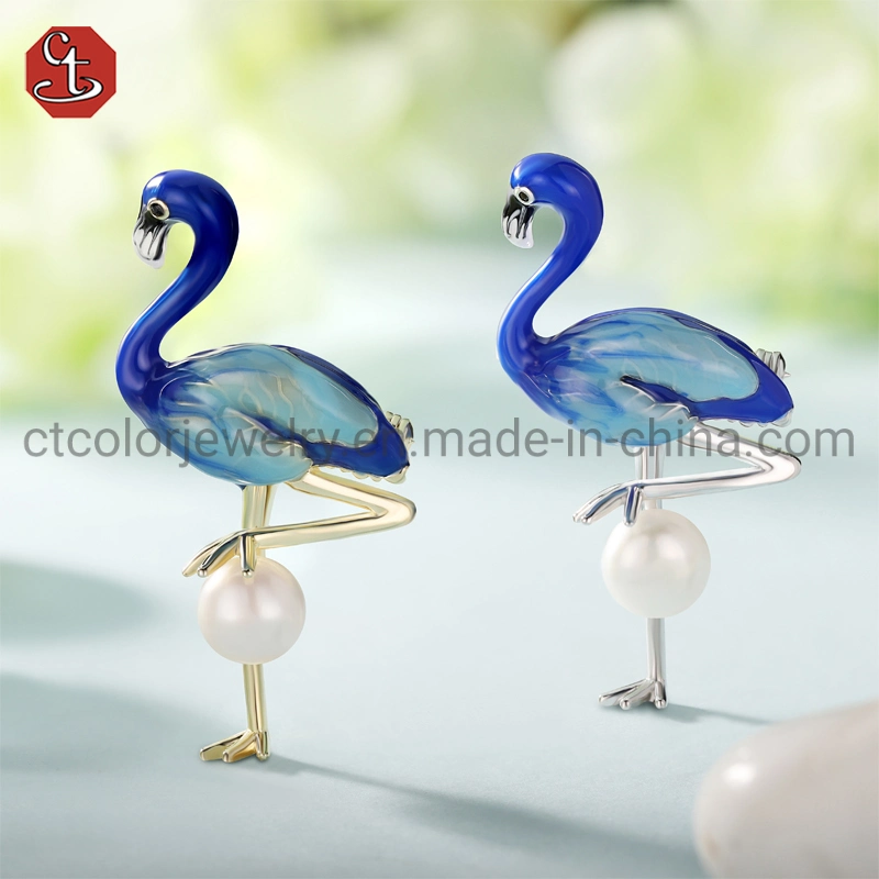 Fashion Jewelry Enmael OEM Blue Flamingo Natural Pearl 925 Silver Jewelry Gift Designer Brooch