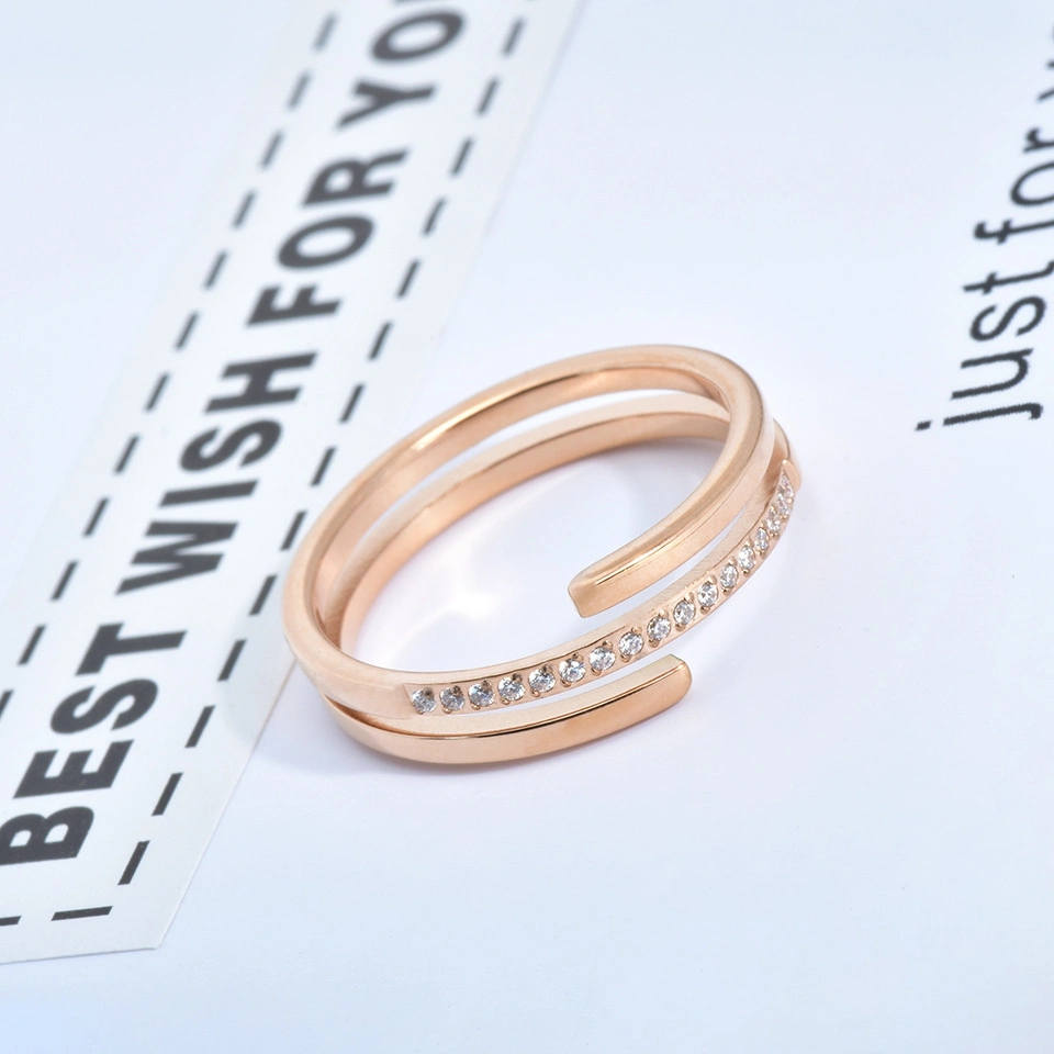 Women′s Simple Stainless Steel 18K Rose Gold Plated Double Layer Cubic Zirconia Knuckle Ring