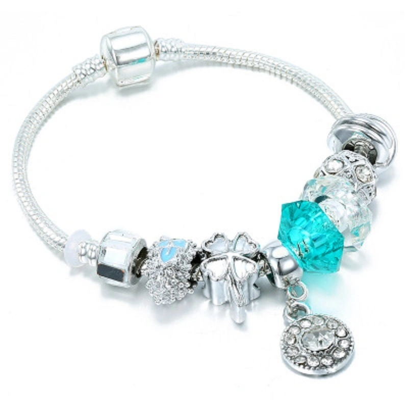 Summer Style Silver Charm Bracelets Bangles Blue Crystal/Glass Beads Women Bracelets Esg13590