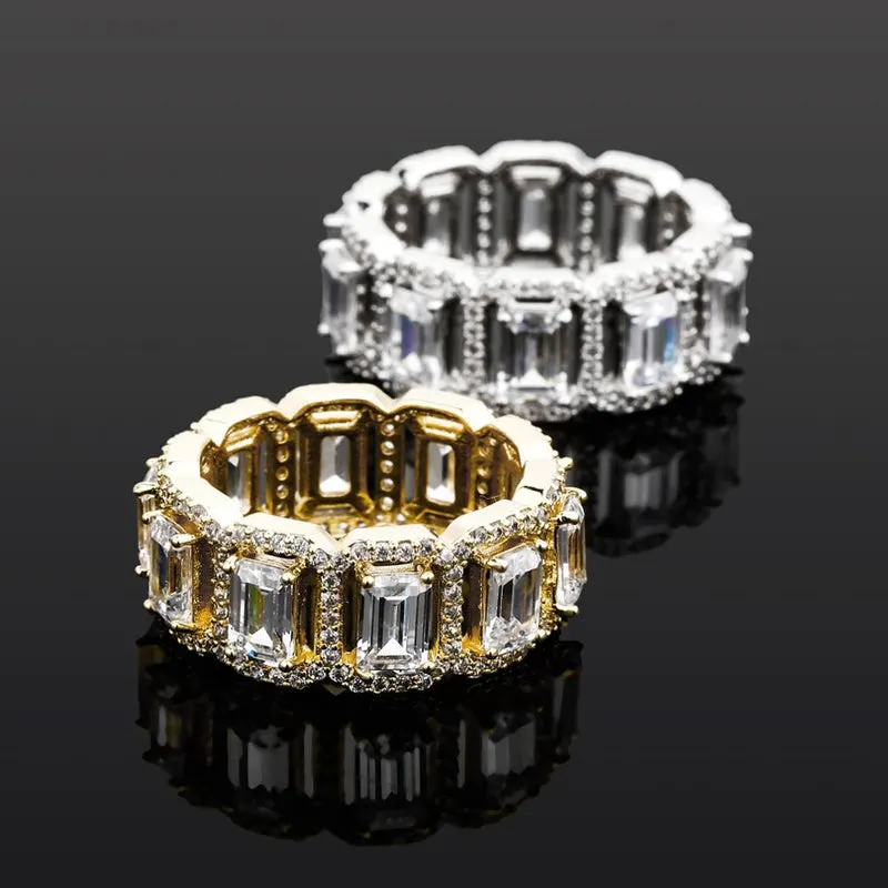 Iced out Emerald Cut Band Ring Hip Hop Luxury Jewelry Moissanite Diamond Pave Rings Couple Rings