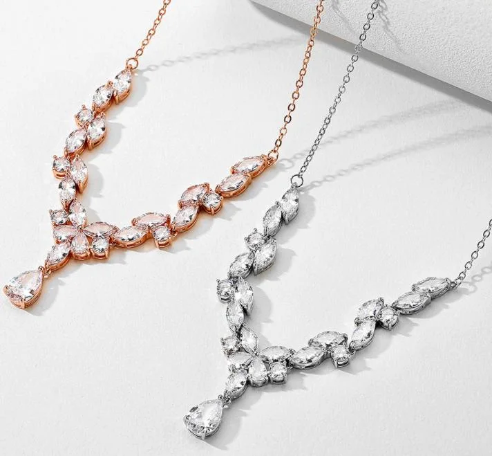 Pear CZ Necklace Jewelry Set, Wedding CZ Necklace Jewelry Set, Bridal Necklace Jewelry Set, Bridesmaid Jewelry Set, Rose Gold Earring Necklace Jewelry