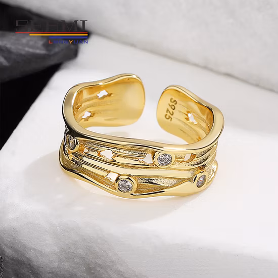 Antiker geometrischer Gold-Zirkonia-verstellbarer Wellenring für Frauen